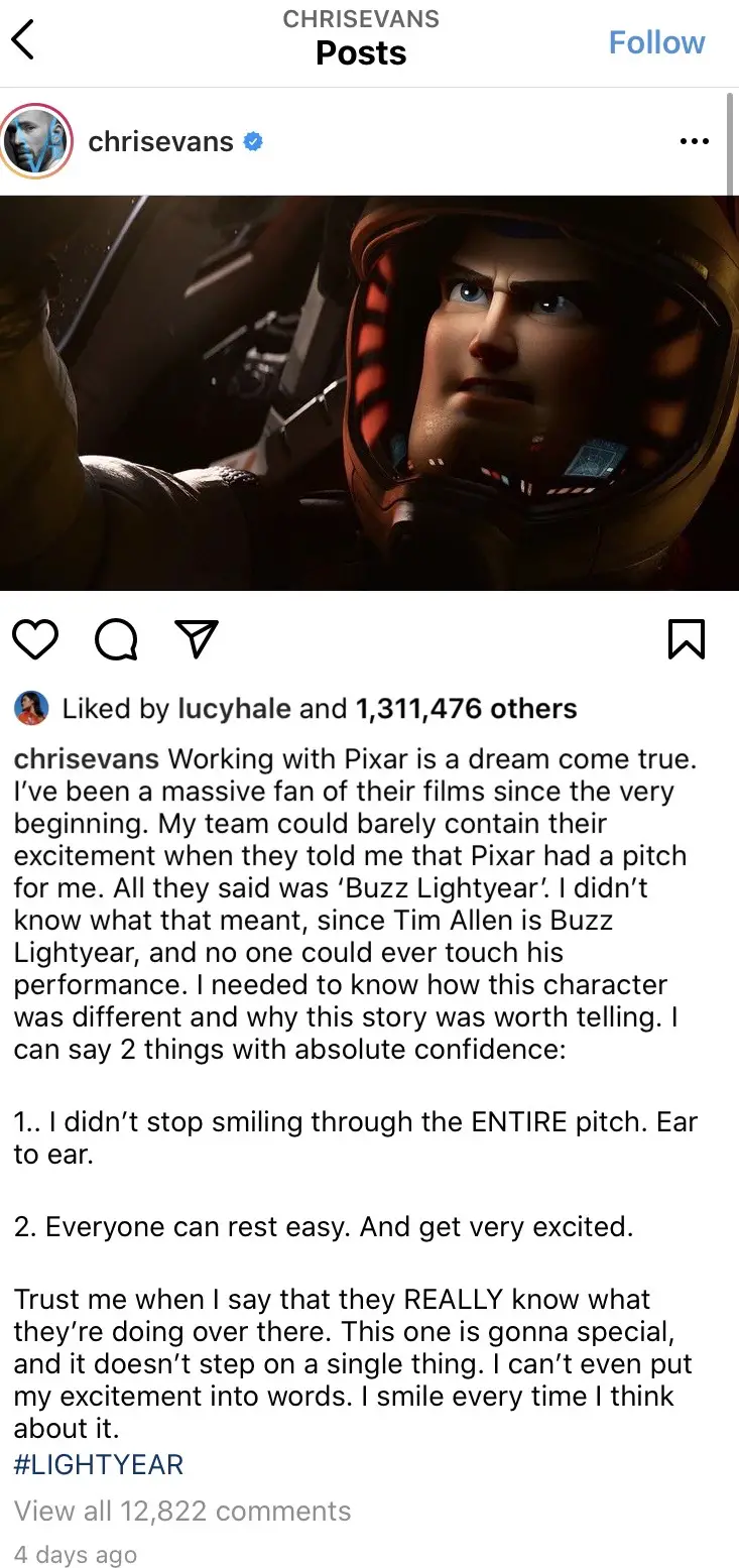 Chris Evans Instagram Post on Buzz Lightyear Casting