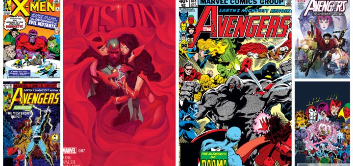 Photo Collage of Scarlet Witch, Vision, and Avengers cover art from Marvel Comics