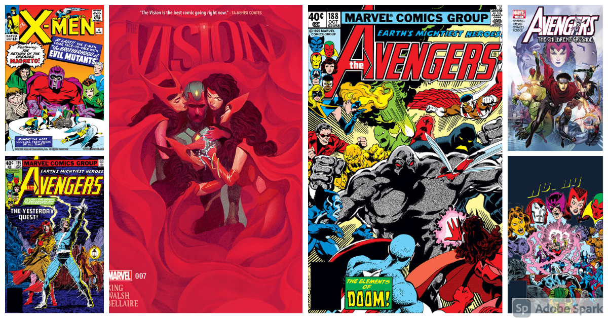 Photo Collage of Scarlet Witch, Vision, and Avengers cover art from Marvel Comics