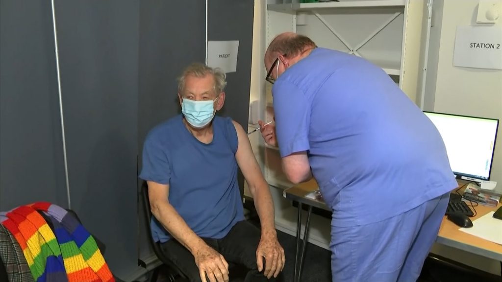 British actor Sir Ian McKellen received the Pfizer/BioNTech COVID-19 vaccine in London on Wednesday.
