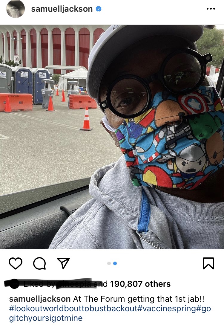 Samuel L. Jackson in Avengers Mask Getting COVID-19 vax on Instagram