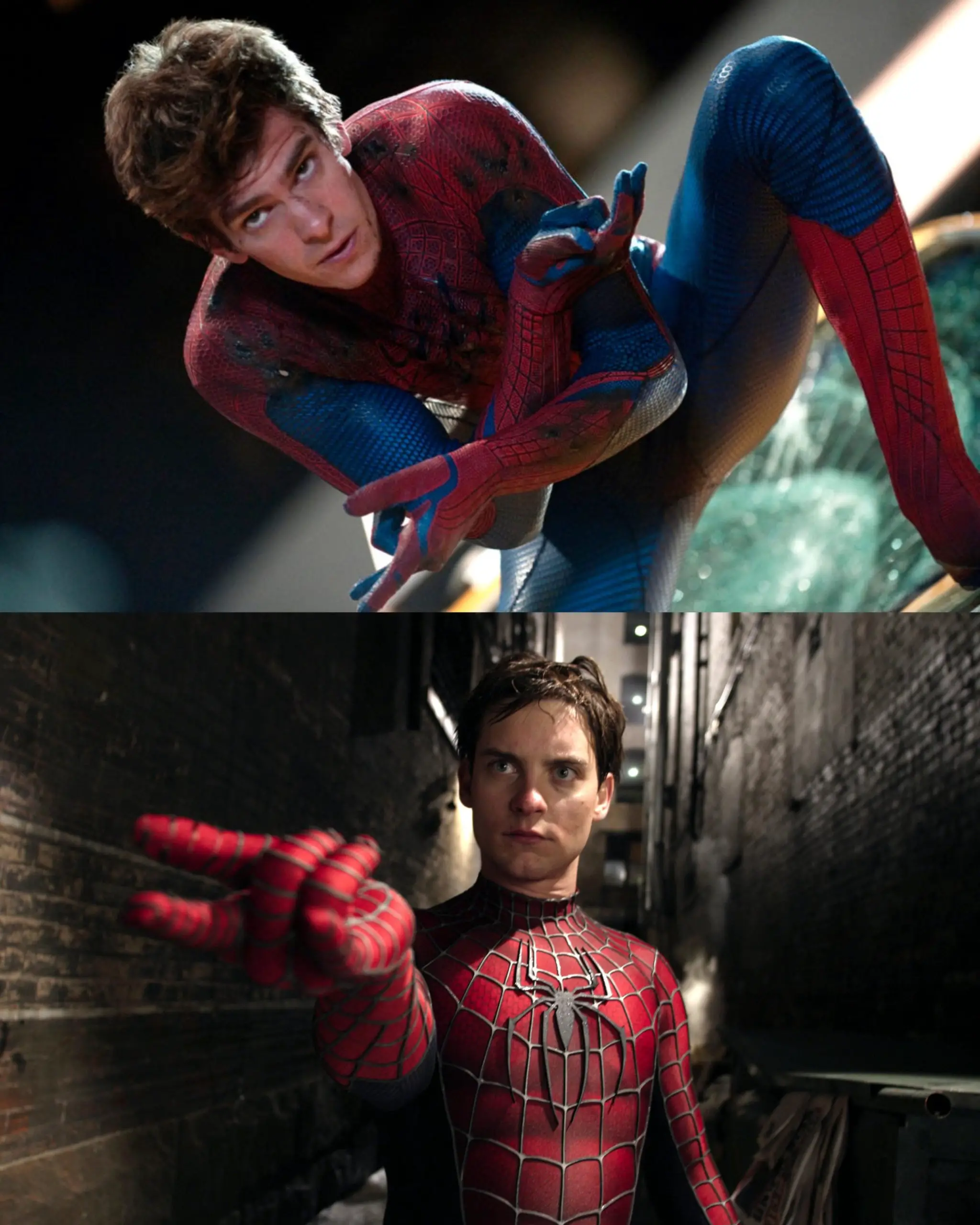 Andrew Garfield and Tobey Maguire as Spider-Man