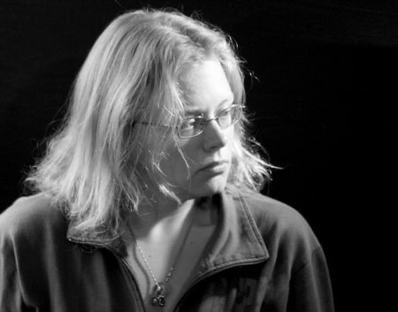 Seanan McGuire in black and white