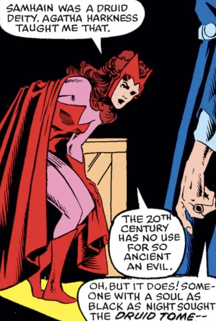 The Druid Tome, Agatha Harkness, and the Scarlet Witch in Marvel Comic