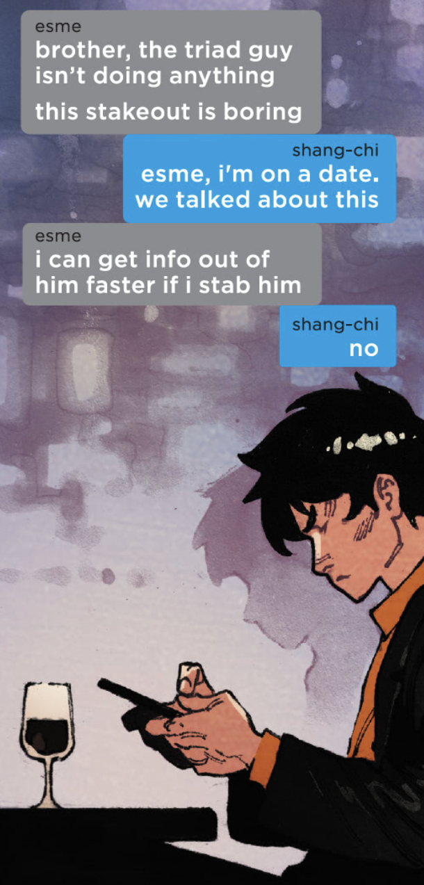 Shang-Chi texting Esme