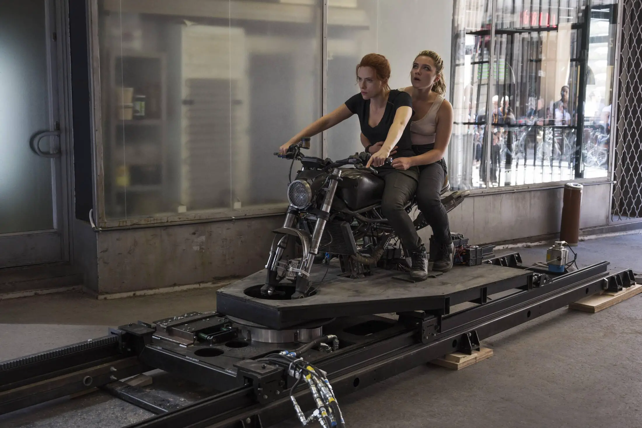 Scarlett Johansson and Florence Pugh on the set of Marvel Studios' BLACK WIDOW