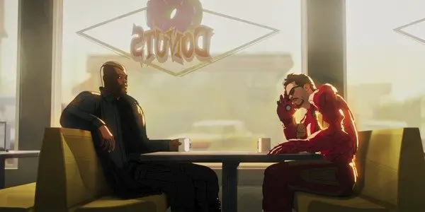 Nick Fury and Tony Stark eating donuts