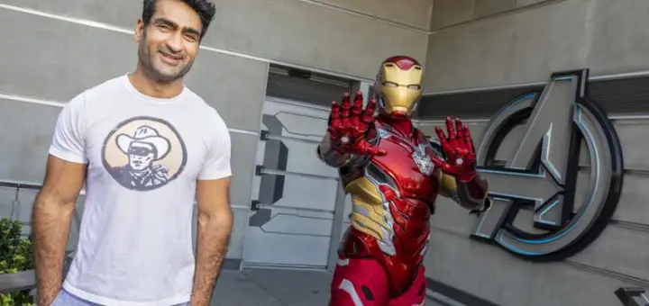 Actor Kumail Nanjiani with Iron Man at Avengers Campus
