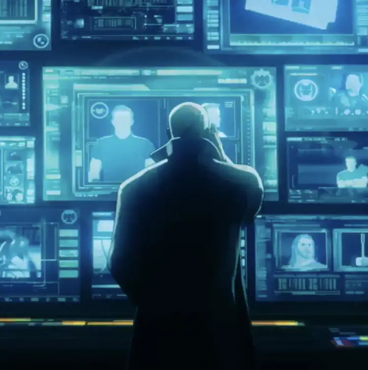 Nick Fury of S.H.I.E.L.D. looking at Avengers on a screen