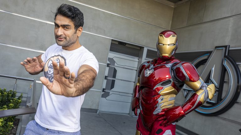 Actor Kumail Nanjiani with Iron Man at Avengers Campus