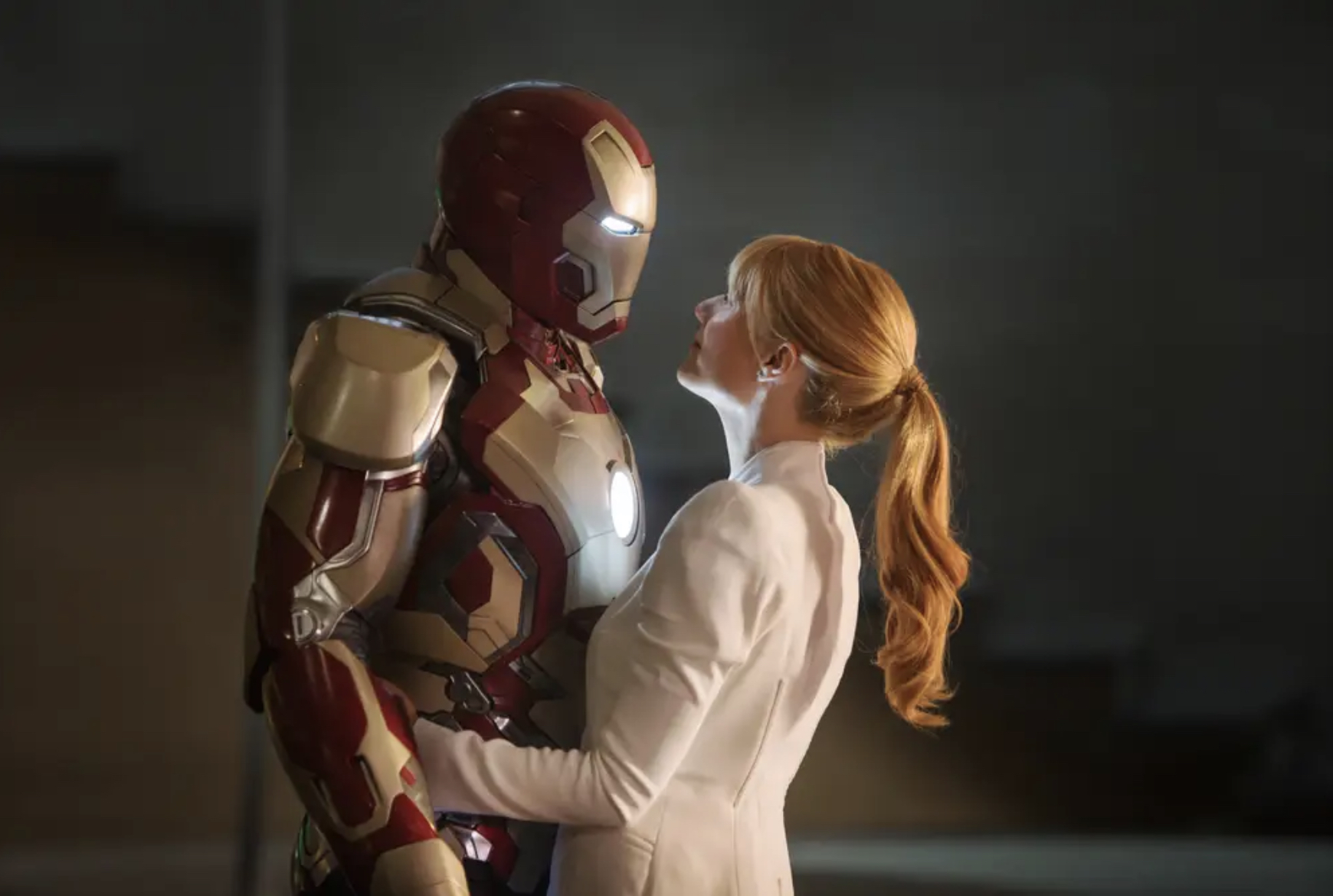 Iron Man and Pepper Potts embrace