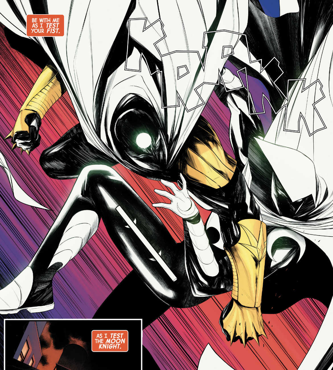 Black, white, red, yellow fight scene between Dr. Badr and Moon Knight