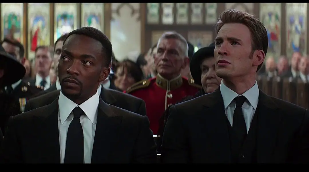 Sam Wilson and Steve Rogers at Peggy Carter's funeral
