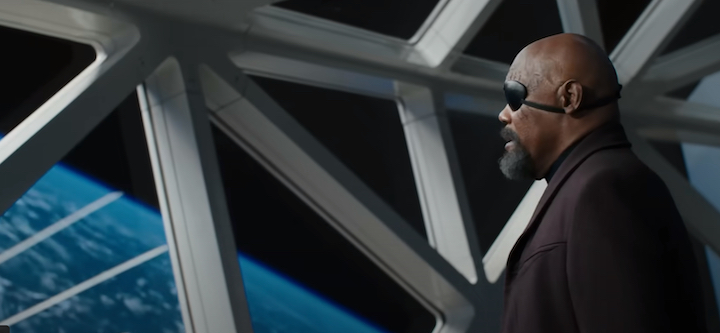 Nick Fury admires the view from SWORD in The Marvels