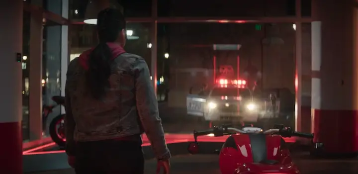 Maya Lopez throws a motorcycle at the problem during the Echo series premiere on Disney+